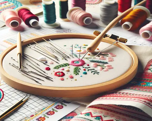 Detailed embroidery stitches on fabric showcasing intricate designs and patterns.